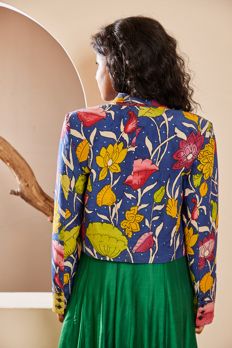 Chennai Green Muslin Dress with Silk Handpainted Mirror Embroidered Jacket