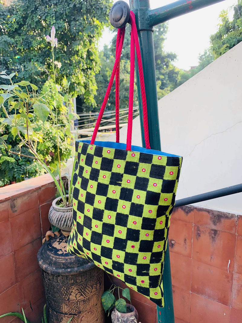 Green Silk Mirror Tote Bag - Anuradha Ramam-Hand woven- kantha emb-Sustainable fashion- Conscious fashion- Vocal for local