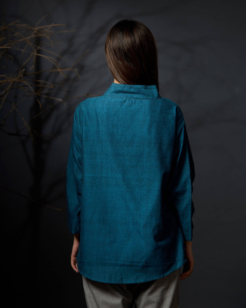 Indira - High-low Hem Top - Teal - Anuradha Ramam-Hand woven-Ikat-Emb-Sustainable fashion- Conscious fashion- Vocal for local