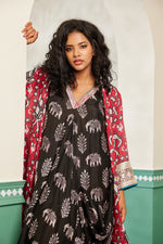 Heena - Woven Muslin Handblock Printed Cowl Dress and Chanderi Cape
