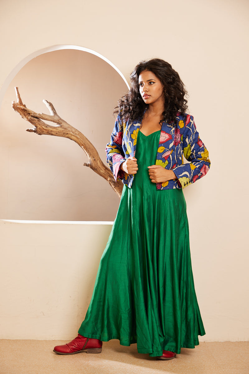 Chennai Green Muslin Dress with Silk Handpainted Mirror Embroidered Jacket