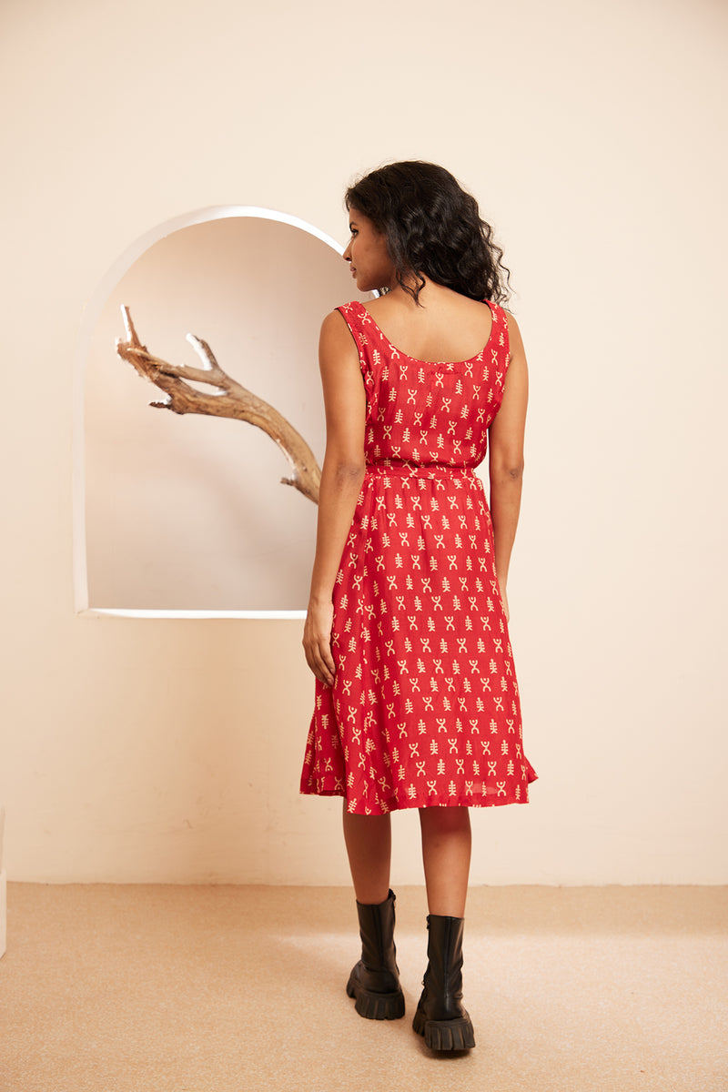 Postbox - Red Muslin Handblock Swastik Printed Dress