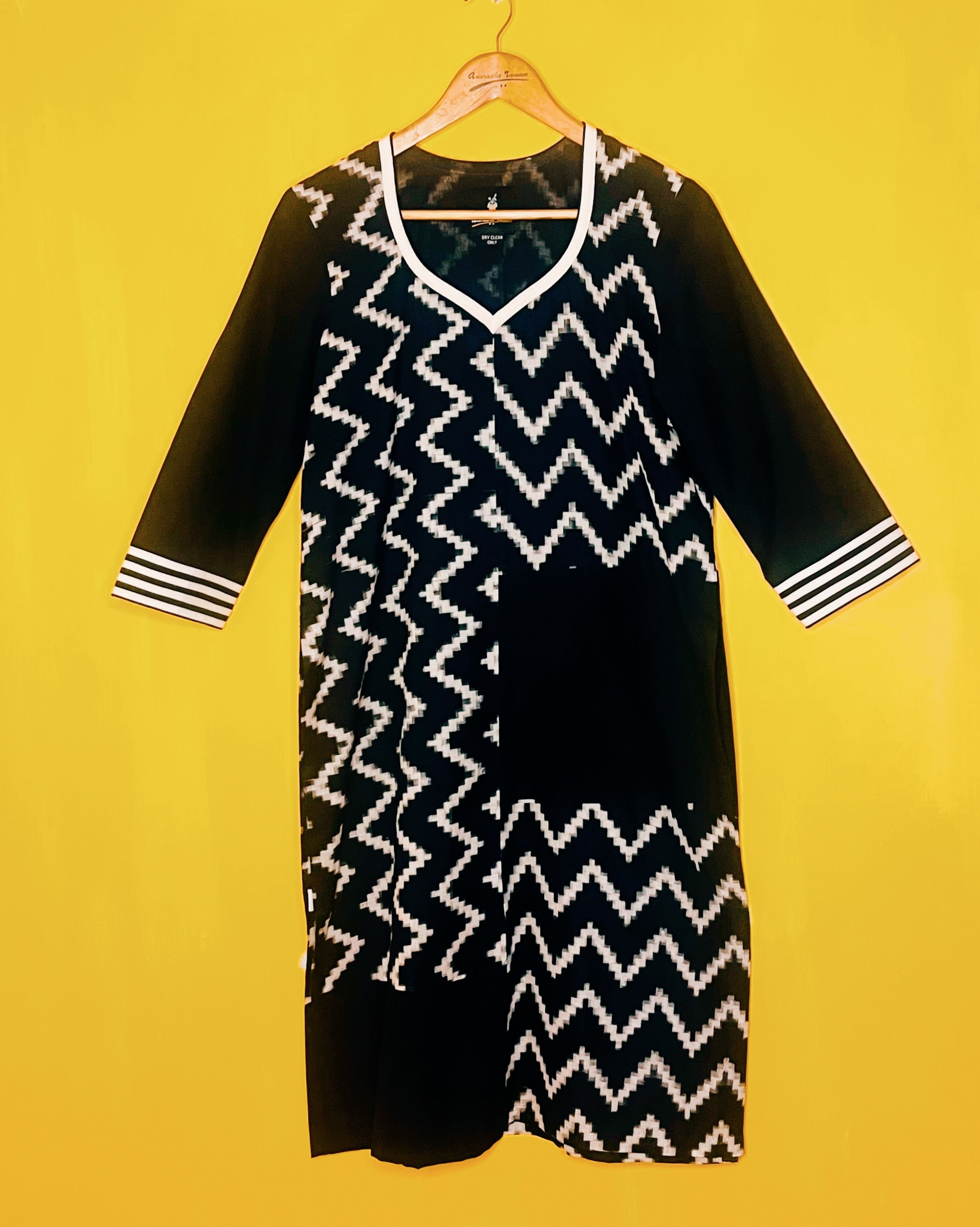 Black Ikat Zigzag Patch Kurta- Sumathi  (Size - M) - Anuradha Ramam