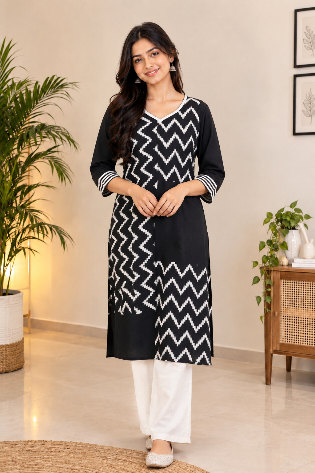 Black Ikat Zigzag Patch Kurta- Sumathi  (Size - M)