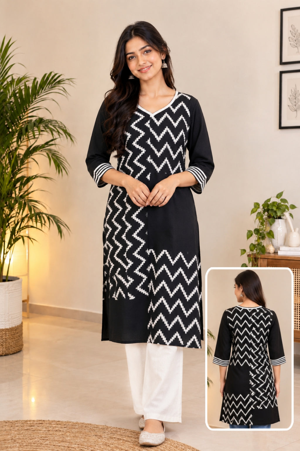 Black Ikat Zigzag Patch Kurta- Sumathi  (Size - M)