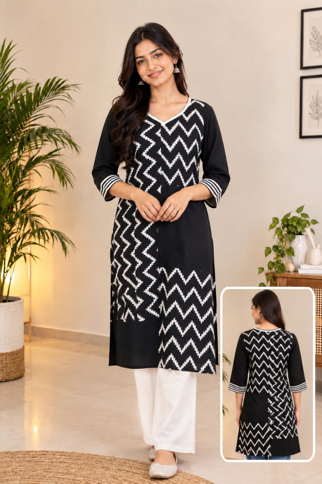 Black Ikat Zigzag Patch Kurta- Sumathi  (Size - M)