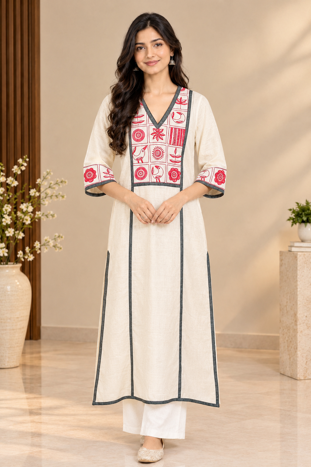 Cotton Tribal Hand embroidery A- line Kurta - Asha (Size - M)