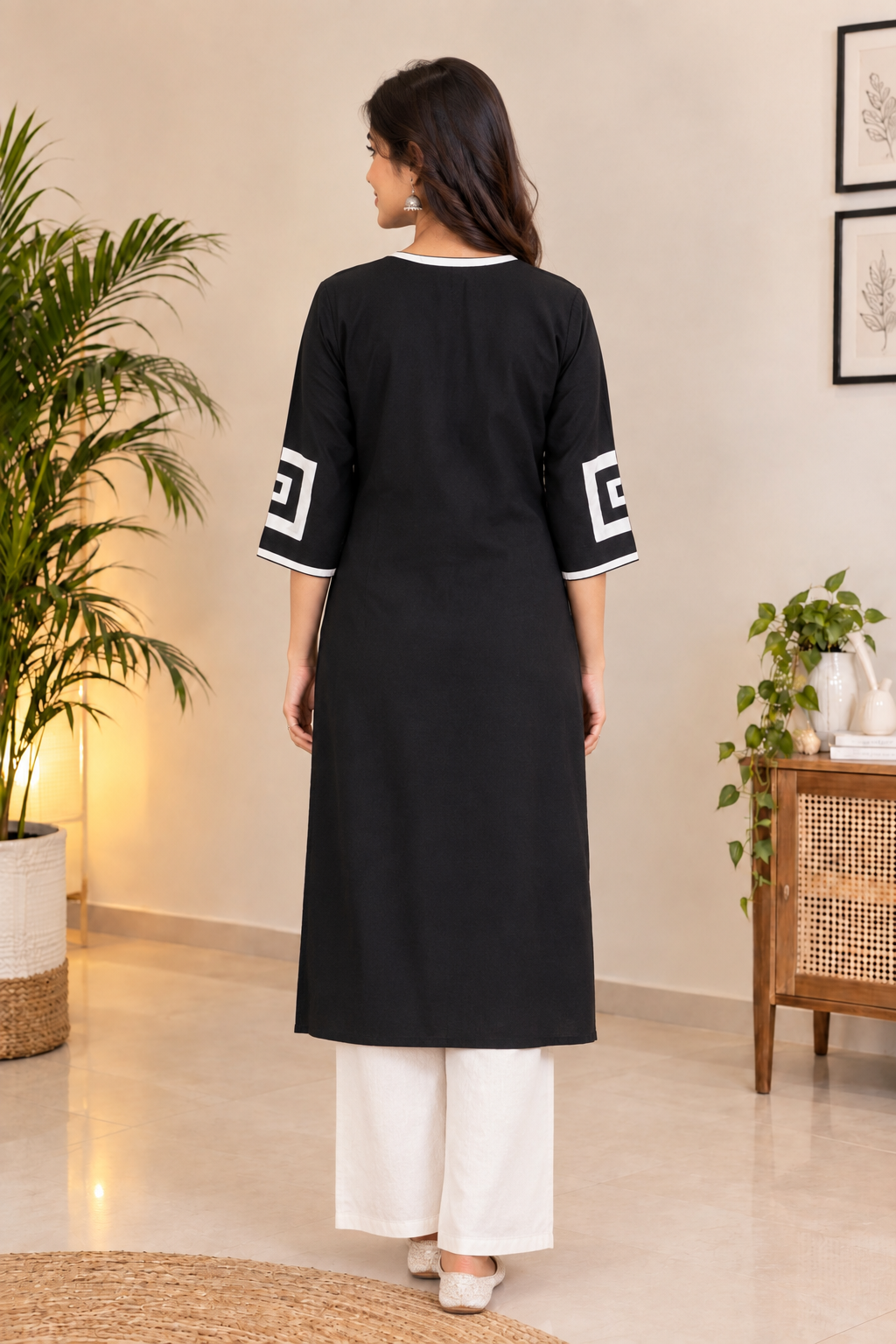 Black Ikat Applique Kurta - Sathi (Size - M)