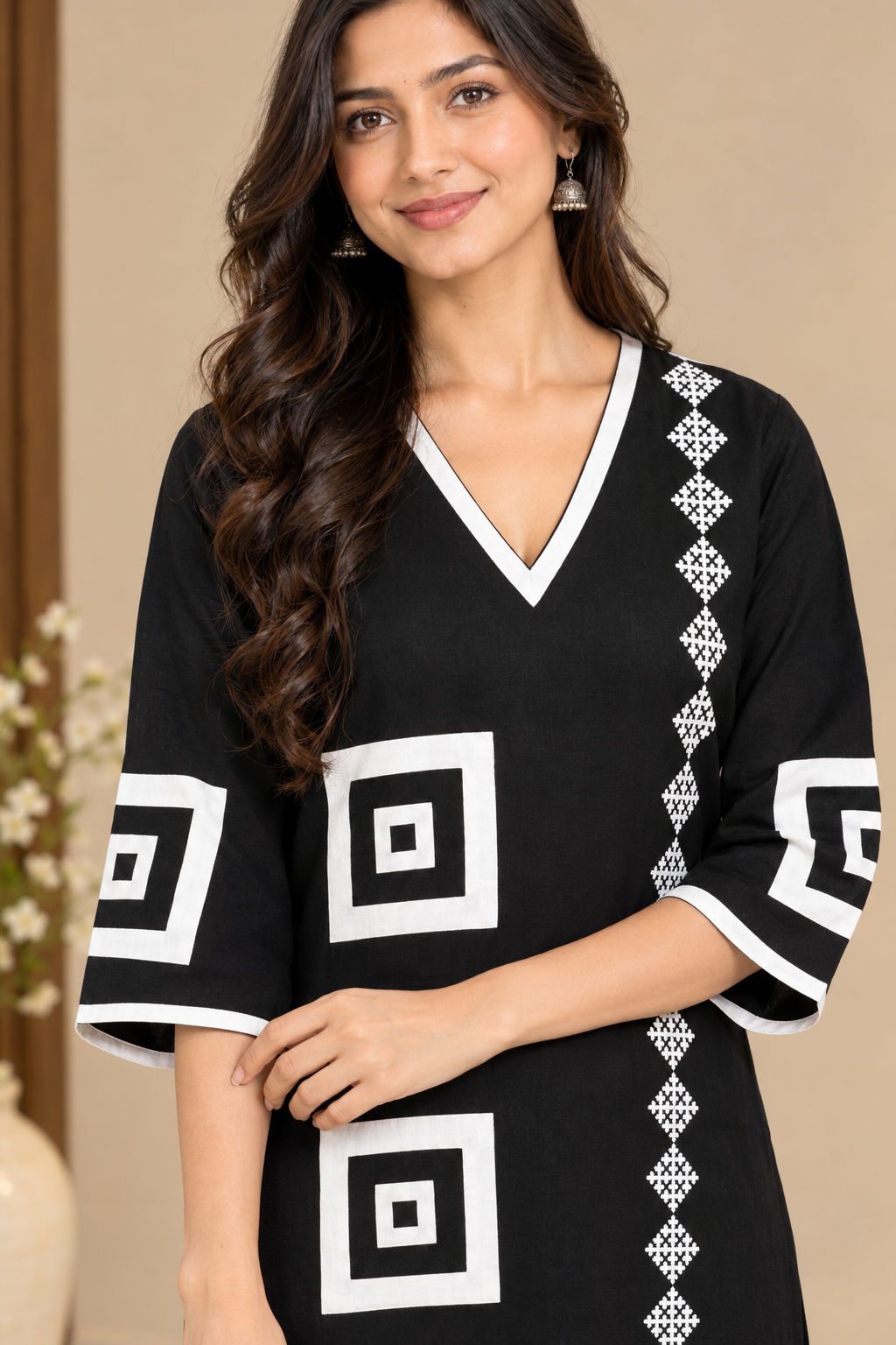 Black Ikat Applique Kurta - Sathi (Size - M)