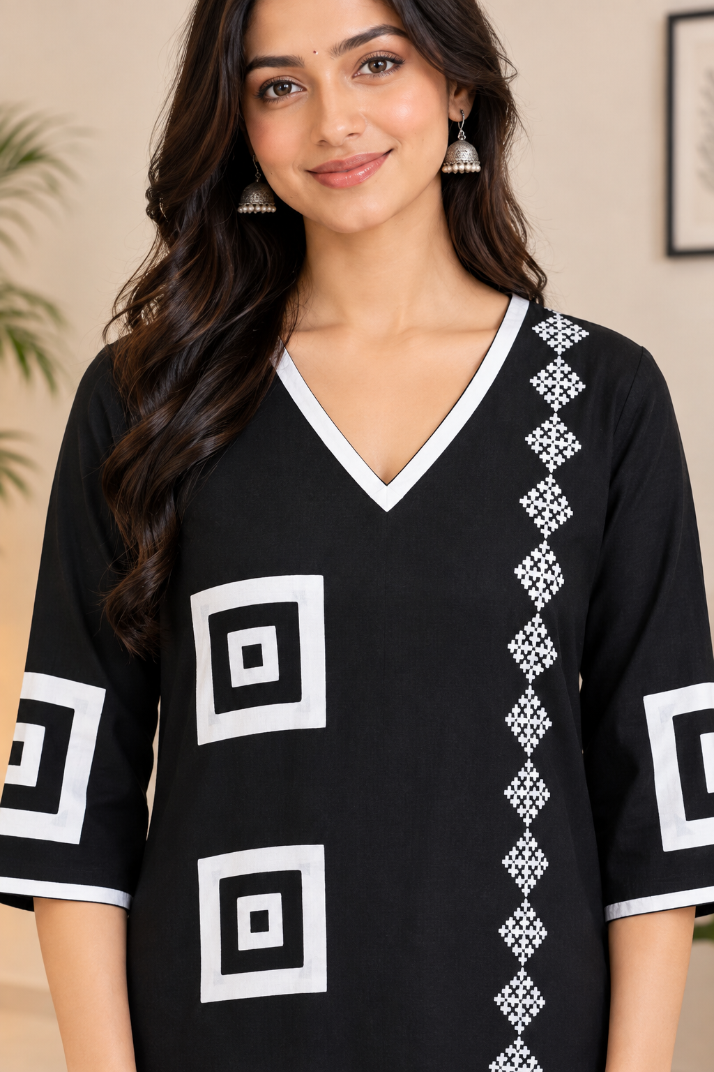 Black Ikat Applique Kurta - Sathi (Size - M)