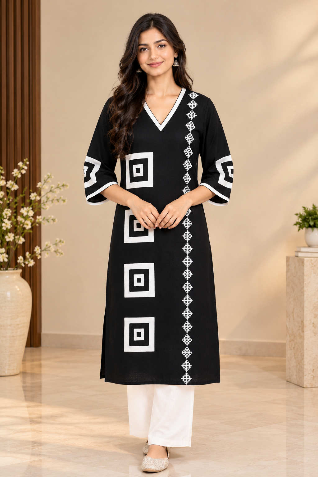 Black Ikat Applique Kurta - Sathi (Size - M)