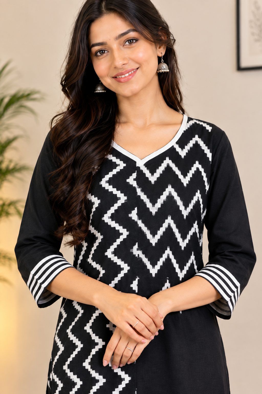 Black Ikat Zigzag Patch Kurta- Sumathi  (Size - M)