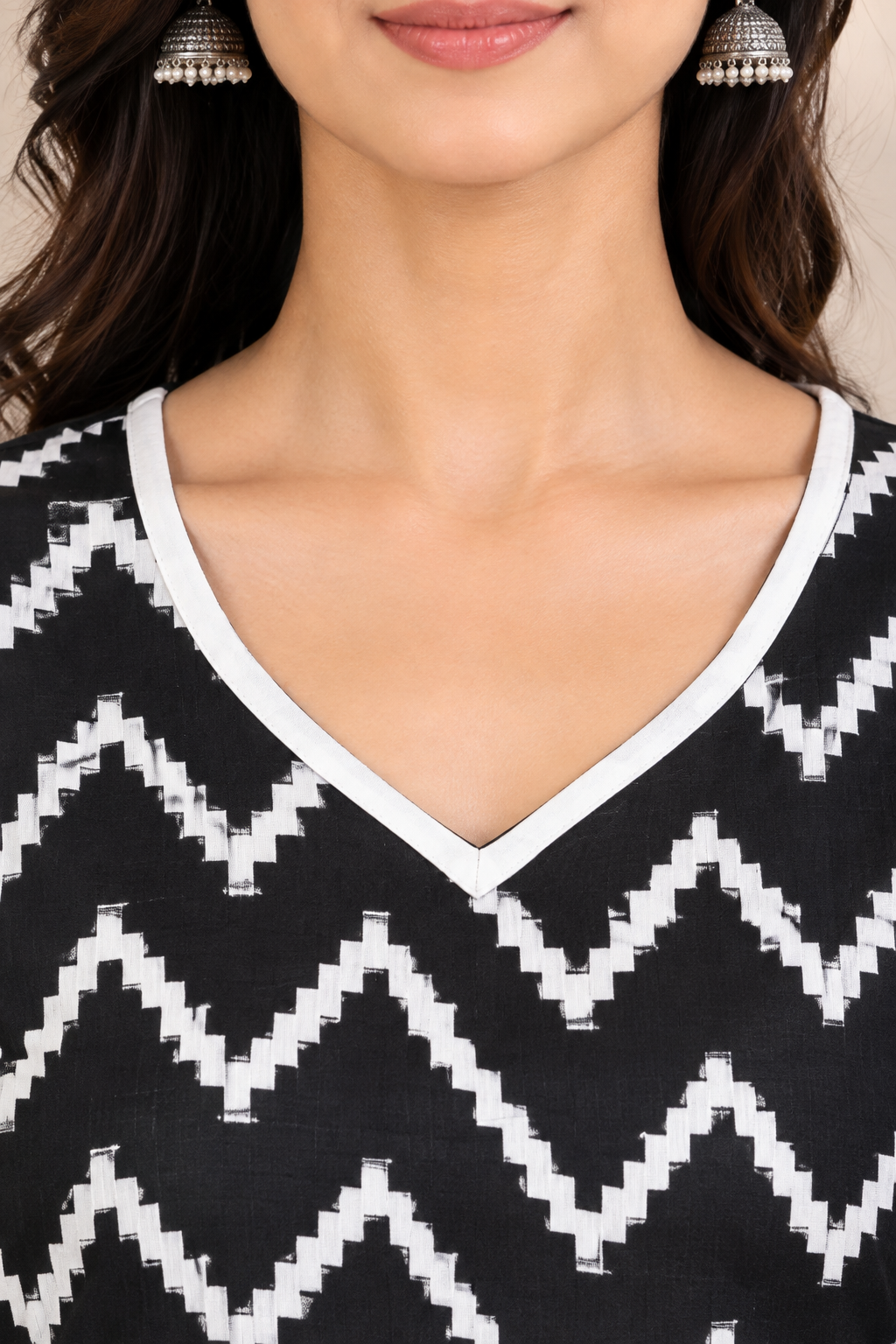 Black Ikat Zigzag Patch Kurta- Sumathi  (Size - M)
