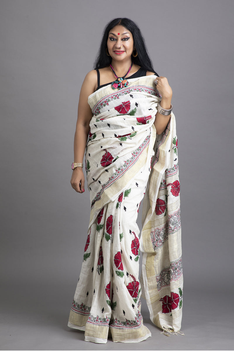 Pooja - Linen Hand Embroidered Saree