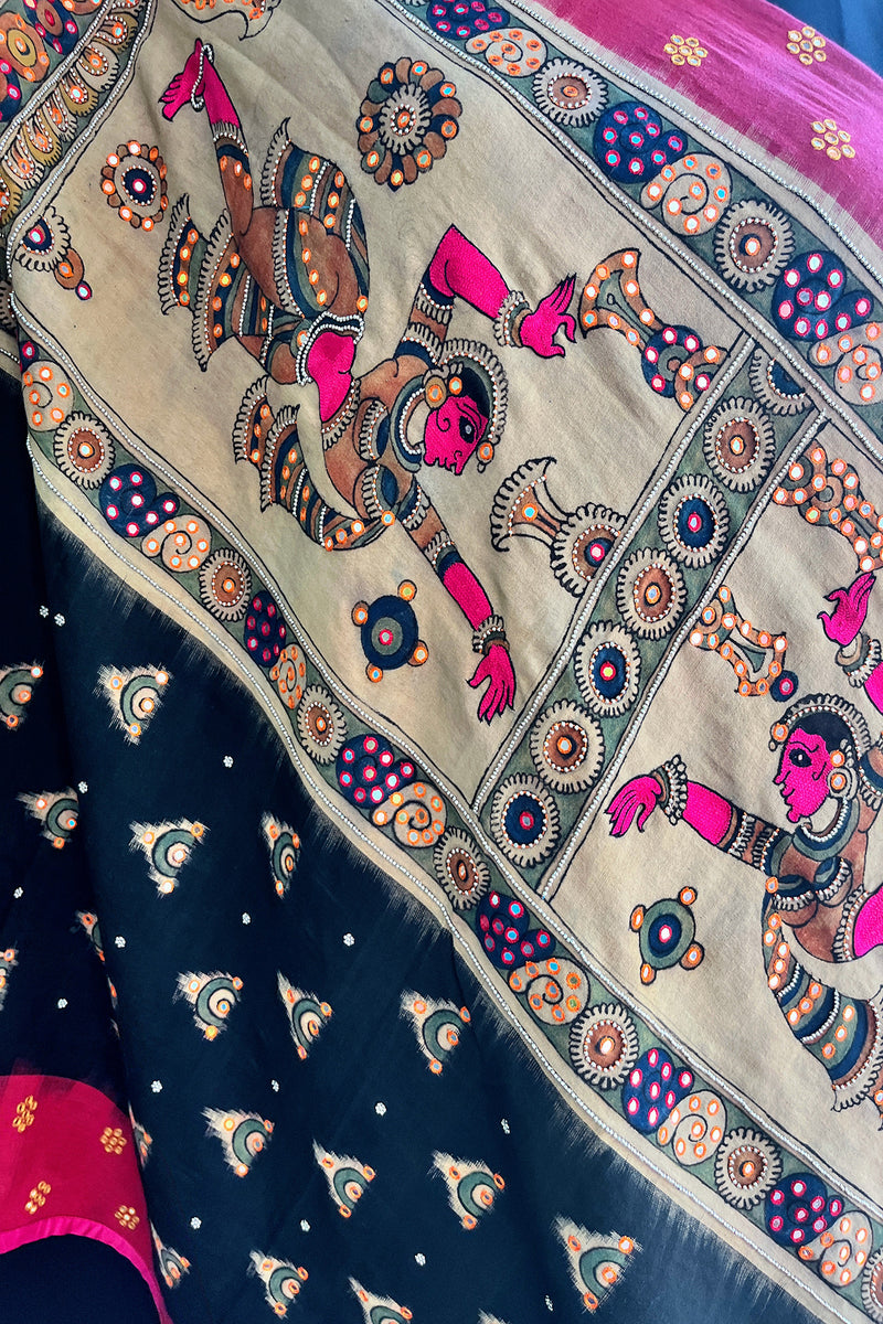Shreyasi Ikat Dupatta in Handpainted Kalamkari Mirror Embroidery