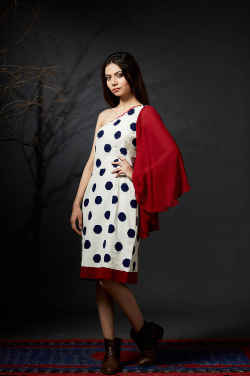 Amodini - One Shoulder Polka Dress - Anuradha Ramam-Hand woven- Sustainable fashion- Conscious fashion- Vocal for local