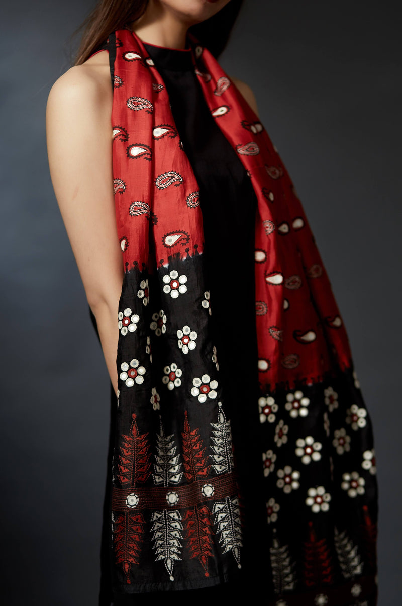 Bhumi - Paisley and Floral Hand Embroidered Stole - Anuradha Ramam-Hand woven- kantha emb-Sustainable fashion- Conscious fashion- Vocal for local