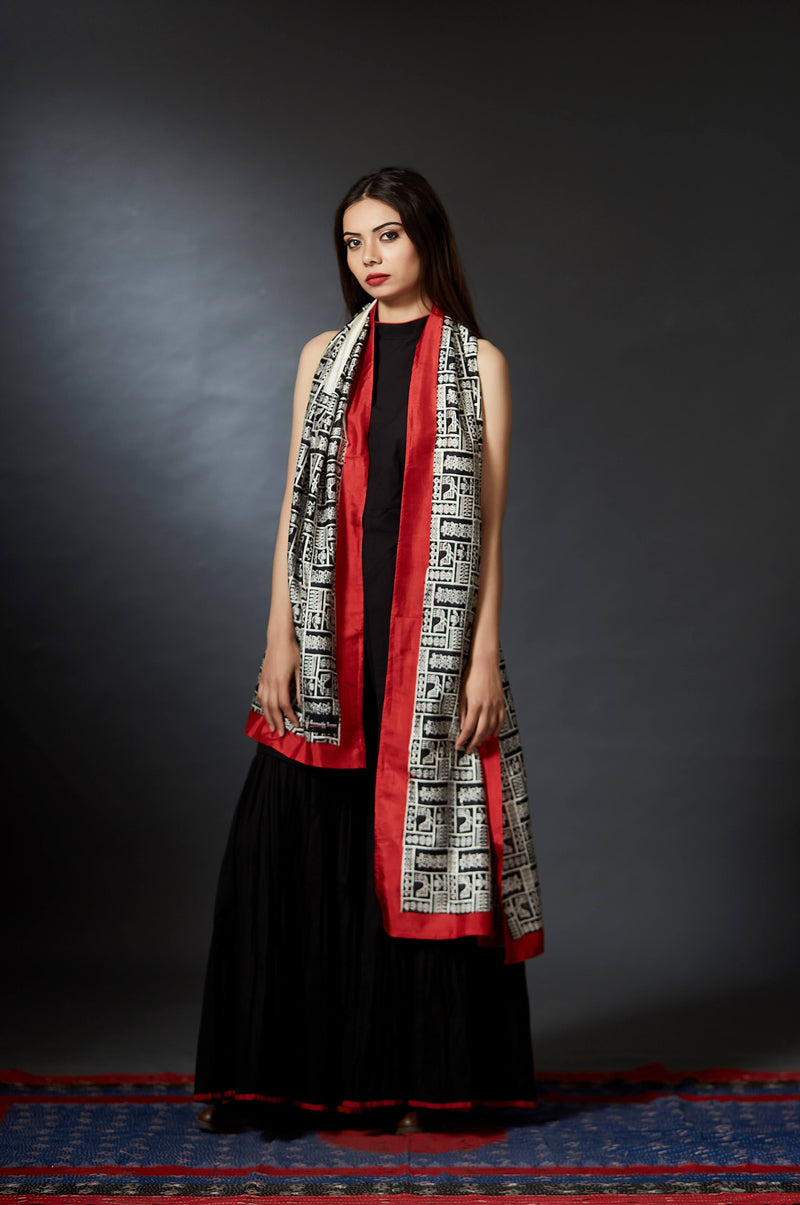 Indira - Ancient Art Hand Block Printed Stole - Red - Anuradha Ramam-Hand woven- Hand block print - Sustainable fashion- Conscious fashion- Vocal for local 
