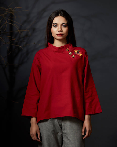 Indira - High-low Hem Top - Red - Anuradha Ramam-Hand woven-Ikat-Emb-Sustainable fashion- Conscious fashion- Vocal for local